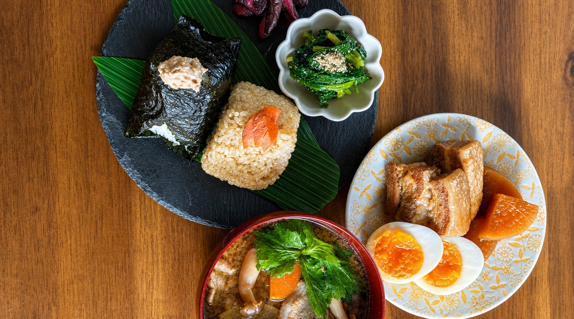 ランチセットの一例 — おむすび・お惣菜・お味噌汁の盛り合わせ